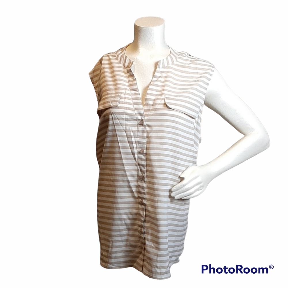 Calvin Klein White and Taupe Striped Sleeveless Blouse